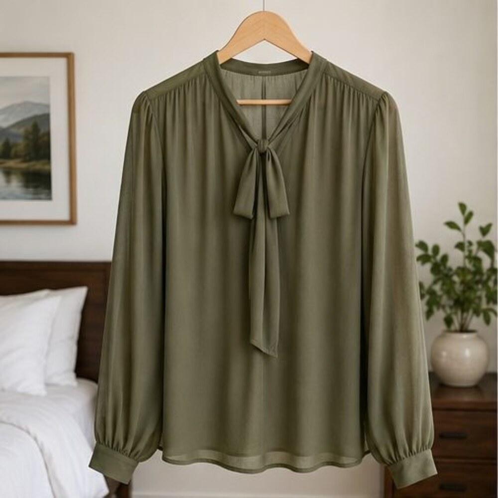 Olive Chiffon Tie Neck Blouse